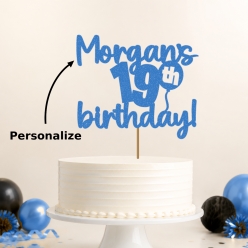 19th Birthday Personalized Glittering Blue Cake Pick